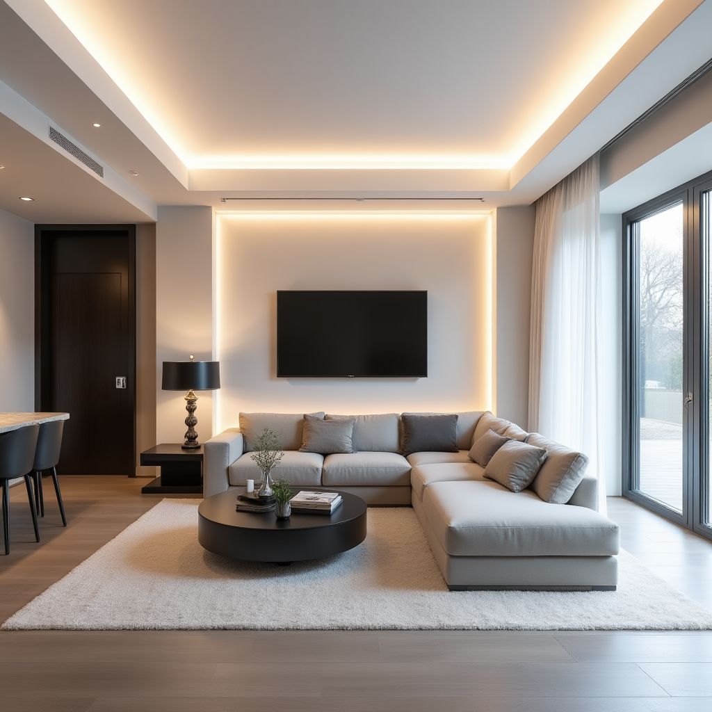 Luxuriöses Wohnzimmer mit matter weißer Spanndecke und indirekter Beleuchtung