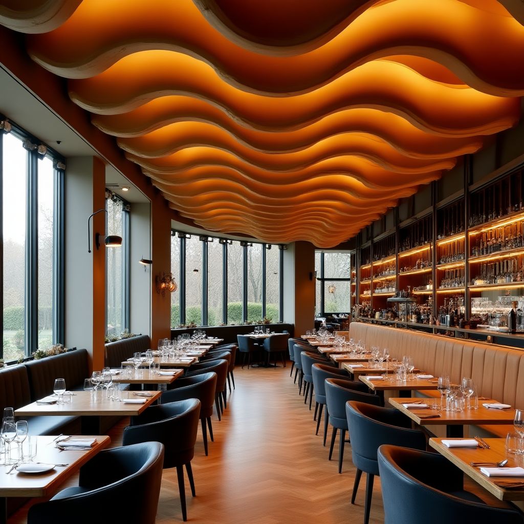 Modernes Restaurant mit akustischer Spanndecke in Wellenform