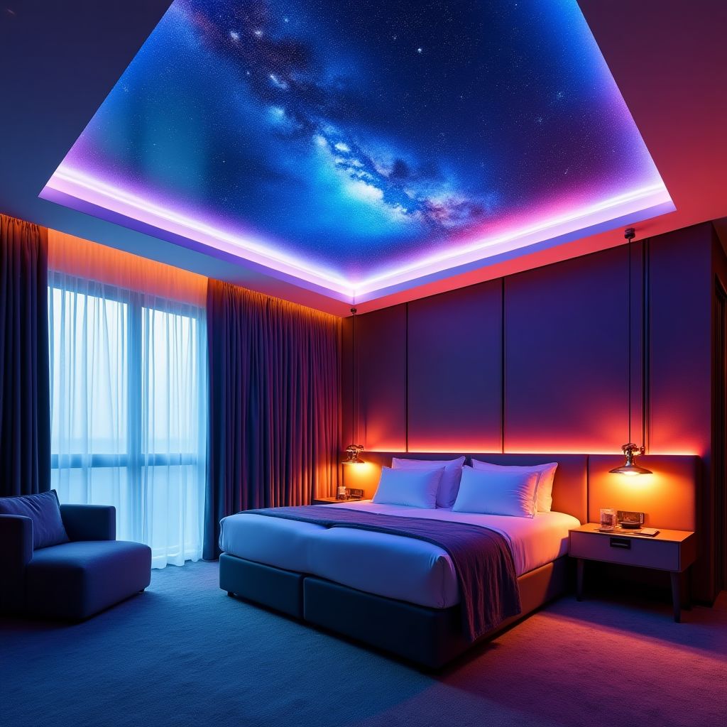 Hotelsuite mit Sternenhimmel-Spanndecke und RGB-Beleuchtung