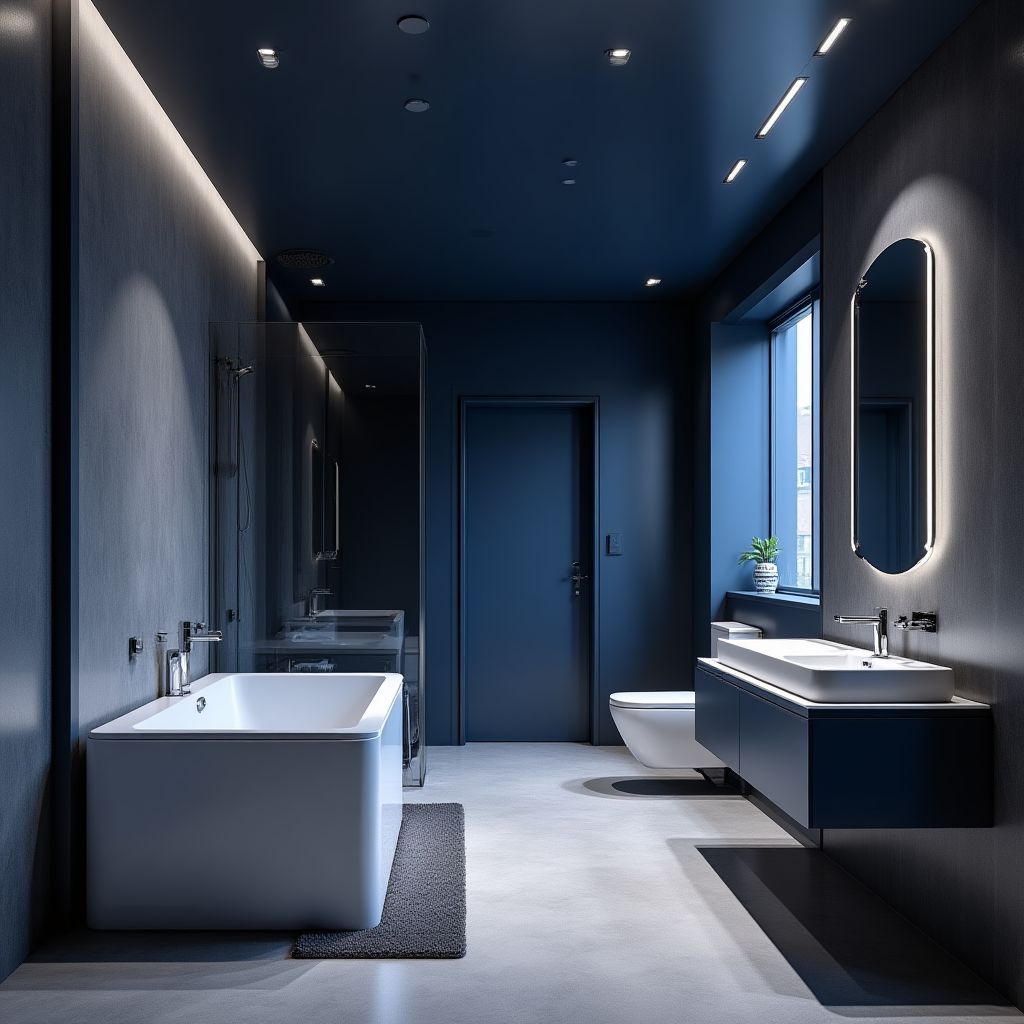 Badezimmer mit Hochglanz-Spanndecke in dunklem Blau